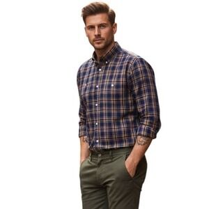 Duluth Trading Co Mens XL Untucked Standard Fit Plaid Button Down Shirt Navy